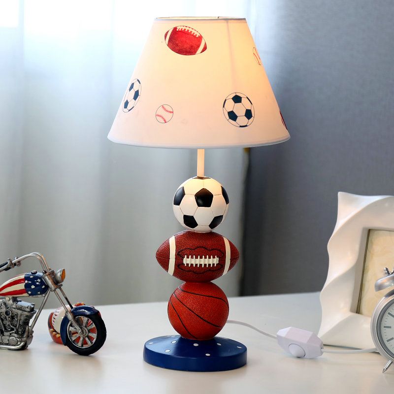 Sport Balls Bedroom Nightstand Lamp Resin Single-Bulb Kids Table Light with Empire Shade in White