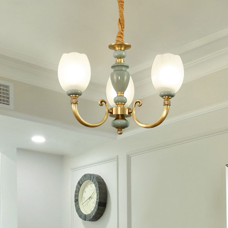Elongated Dome Dining Room Chandelier Lighting Countryside Frosted 3 Heads Gold Finish Pendant Lamp