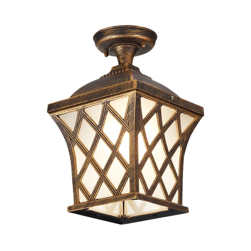 Lanterne en verre opale semi-encastrée Country 1 lumière pour balcon proche du plafond en noir/bronze avec cadre en X en métal