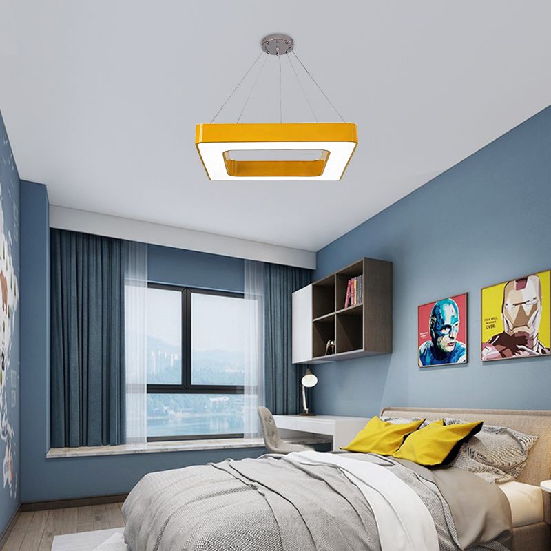 Red/Yellow/Blue/Green Square Pendant Lamp Kids Acrylic LED Chandelier Light Fixture in Third Gear/White Light for Bedroom