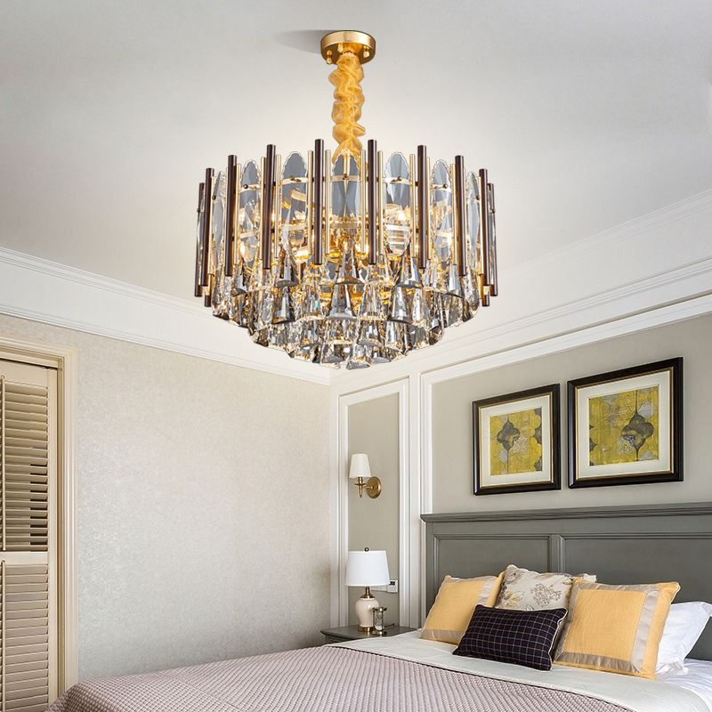 Cylinder Pendant Chandelier Contemporary Crystal 6/9 Heads Black Ceiling Hanging Light, 19.5"/23.5" Wide