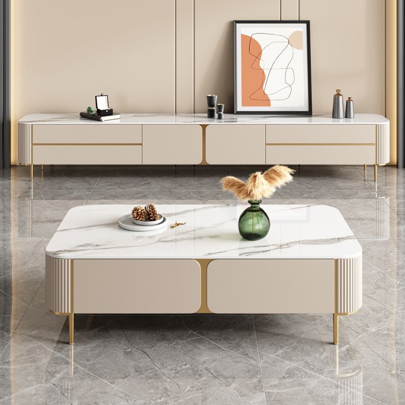 Contemporary Stone Single Coffee Table 4 Legs Coffee Cocktail Table with Storage Drawers