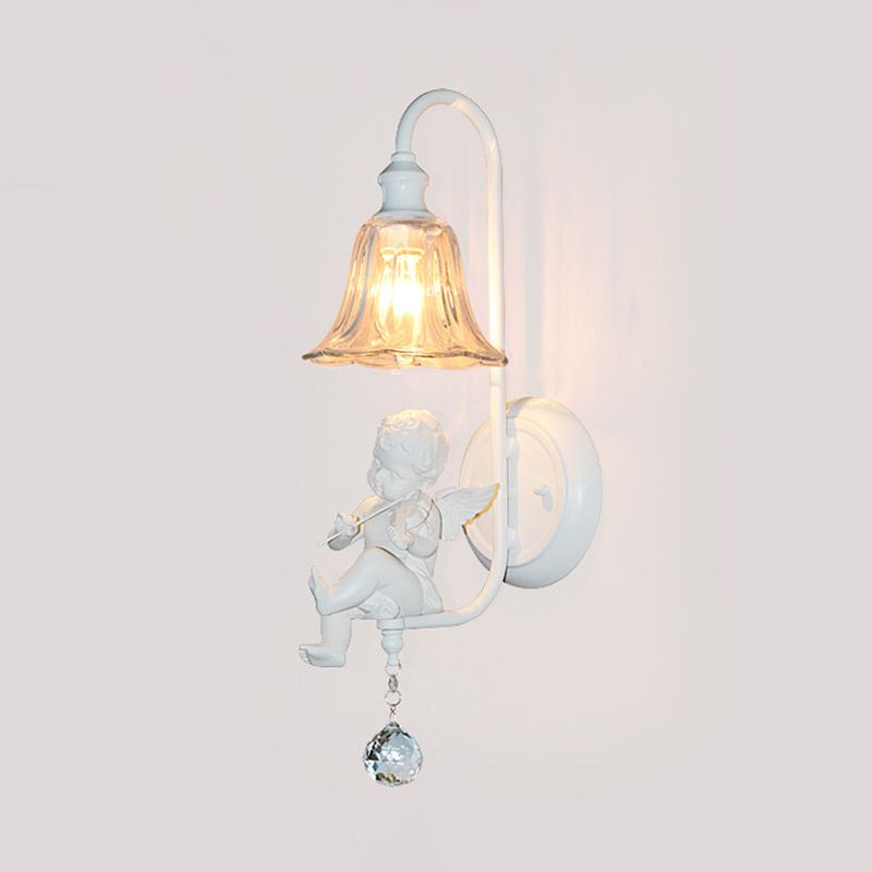 Cream Angel Wall Light Decorative 1-Head Resin Wall Mounted Lamp with Flower Clear Glass Shade and Crystal Orb