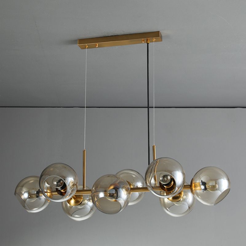 8 Light Mid-Century Gold Metal Island Pendant Lighting Spherical Glass Island Ceiling Light for Dining Table