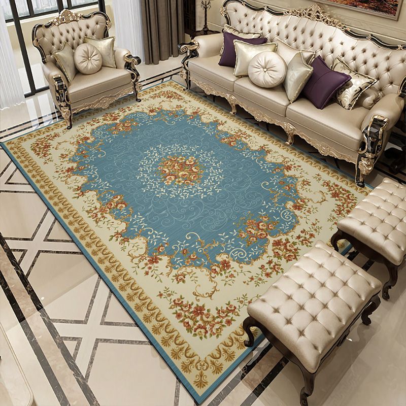 Classical European Indoor Rug Polyester Floral Print Carpet Non-Slip Backing Area Rug for Home Decor