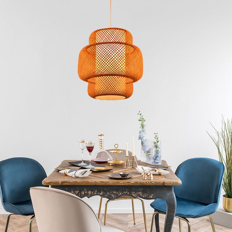 Lumière suspendue en forme de lanterne avec conception de croisement bambou asiatique 18 "/19,5" W 1 lampe suspension de salle à manger légère en lin