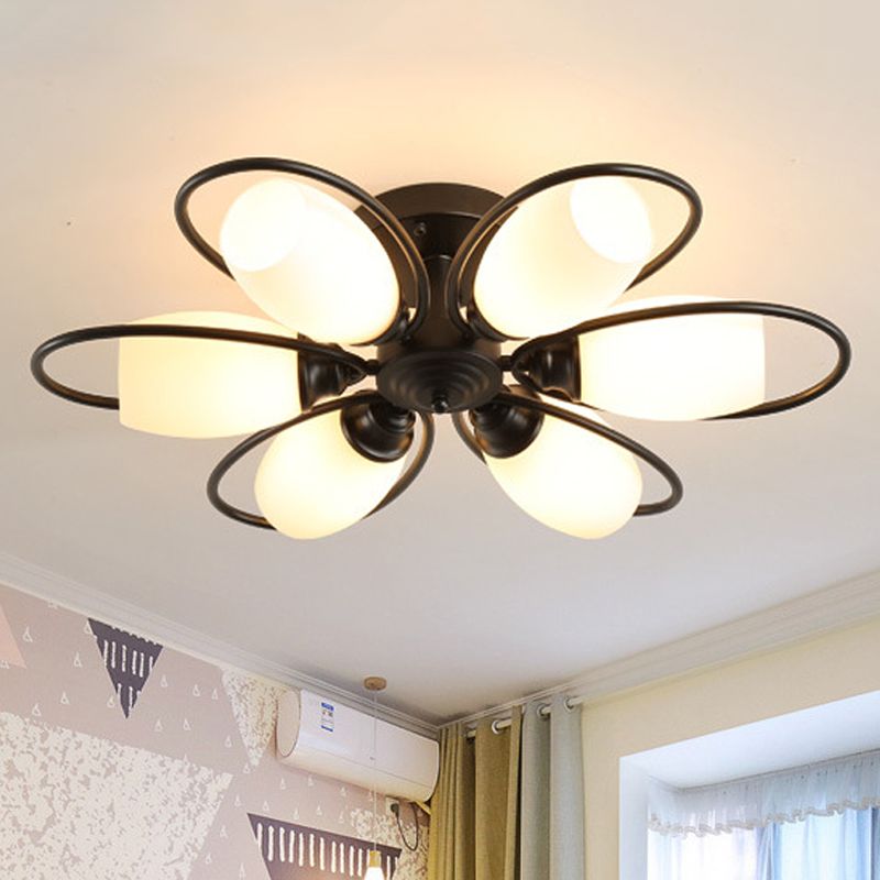 3/6/8 luces Semi Flush Mount Flower Flower Vidrio Blanco Luz de techo en negro para sala de estar
