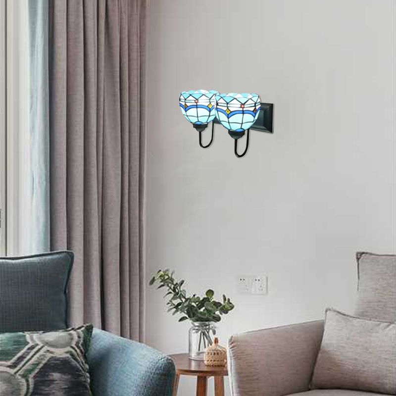 Blue Bowl Wall Mount Light Mediterranean 2 Heads Multicolor Stained Glass Sconce Lighting