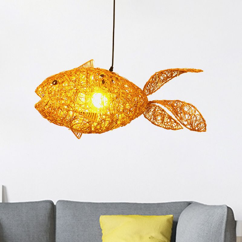 Asian Style Fish-Shape Pendulum Light Rattan 1-Light Living Room Hanging Ceiling Lamp in Gold