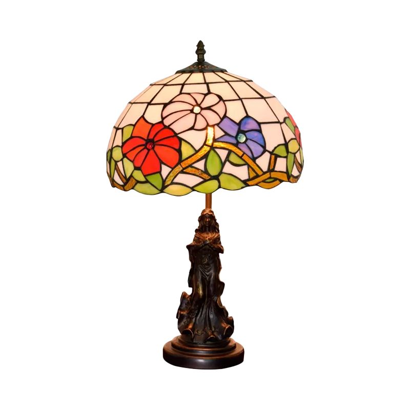 Lampada da comodino Beauty in bronzo Tiffany Lampada da tavolo in resina a 1 lampadina con paralume in vetro floreale rosa/viola