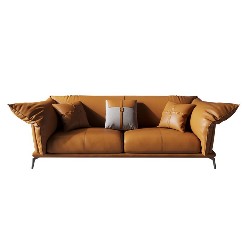 Genuine Leather Modern Orange Sofa Tuxedo Arm Sofa with Pillows