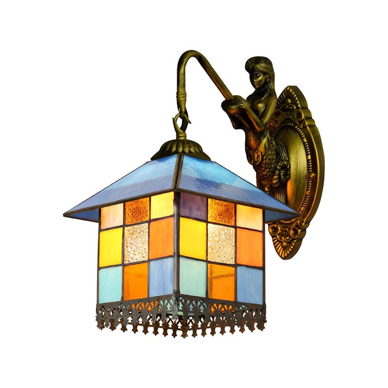 House Wall Light Fixture Mediterranean Multicolor Stained Glass 1 Head Antique Brass Sconce Light