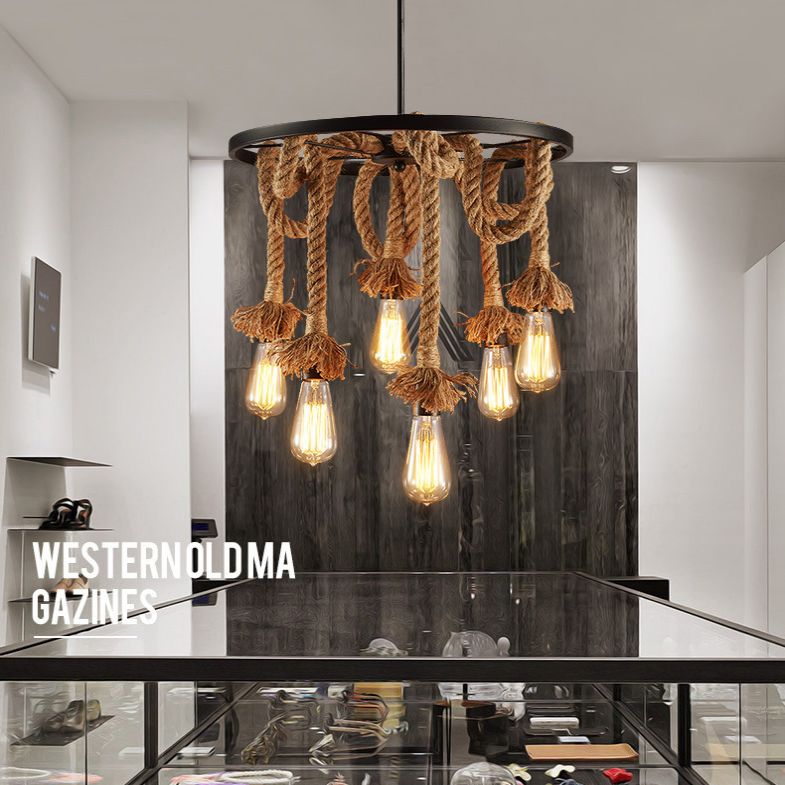 Lámpara de araña colgante negro de estilo retro de la rueda de la cuerda del lámpara de iluminación de la lámpara