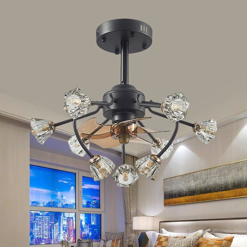 Armoiries courbées traditionnelles suspendues à la lampe à fans 9 têtes Crystal Bell Shade 5 lames semi-luxueuses en noir, 23,5 "de largeur