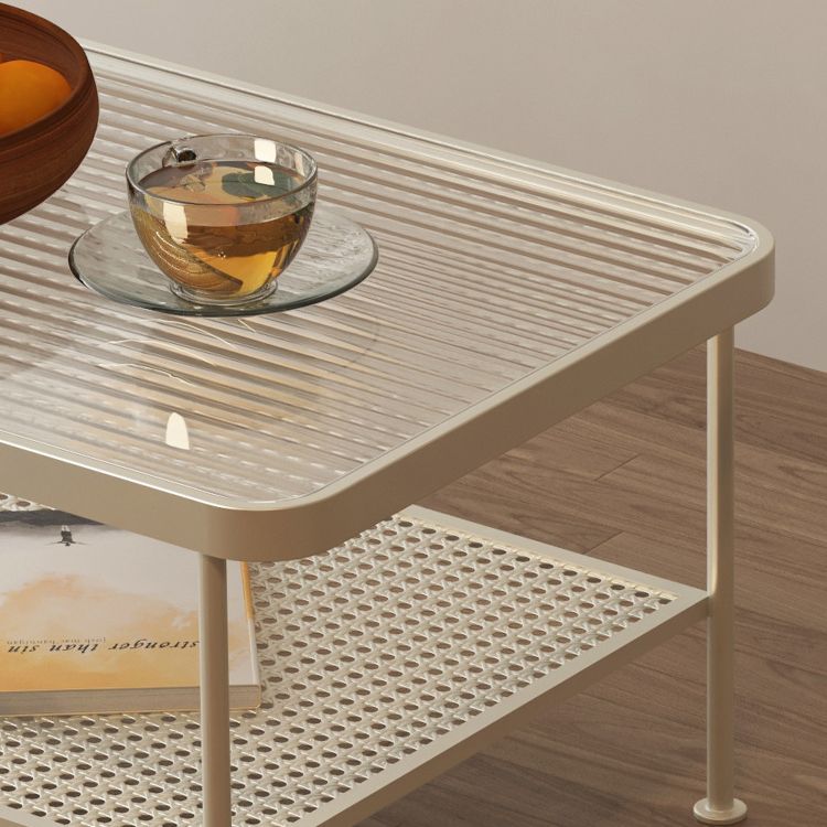4 Legs Cocktail Table Glass Rectangular Coffee Table with Shelf