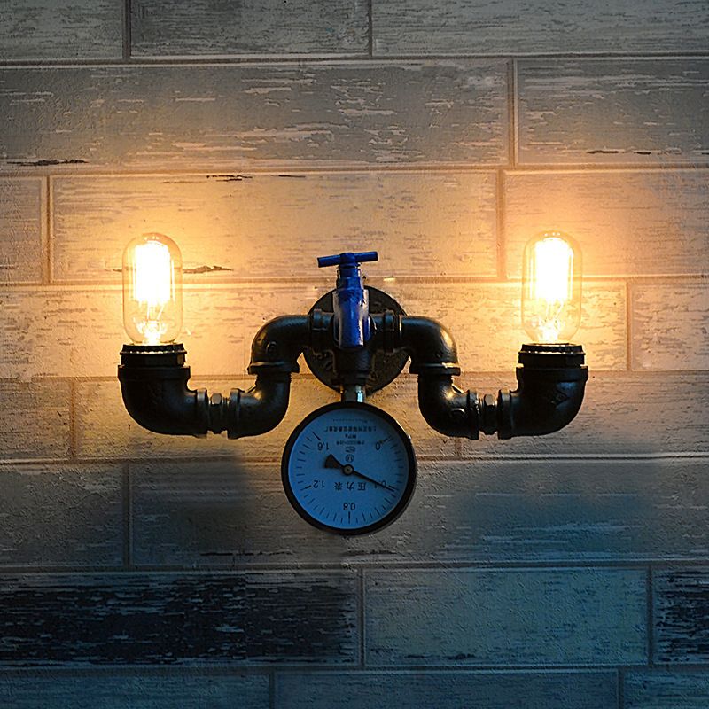 Antique Style Pipe Wall Lamp with Pressure Gauge and Faucet Deco 2 Lights Metal Sconce Lighting in Black