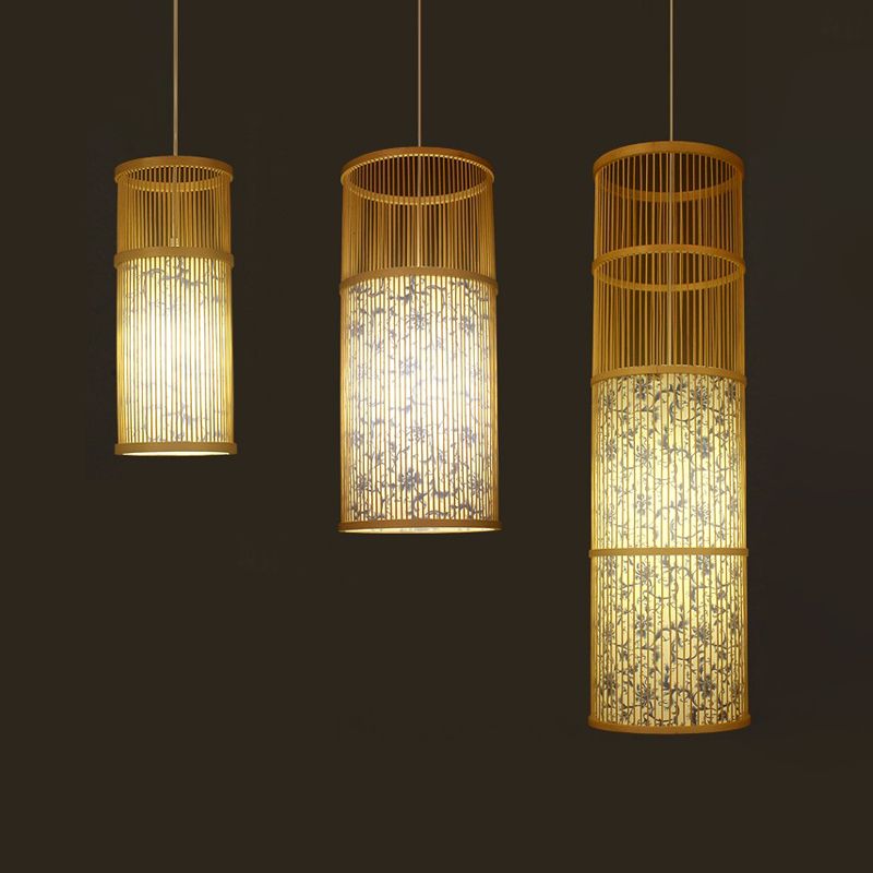 Cilindrisch restaurant hanglamp bamboe 1 kop chinoiserie hangend licht