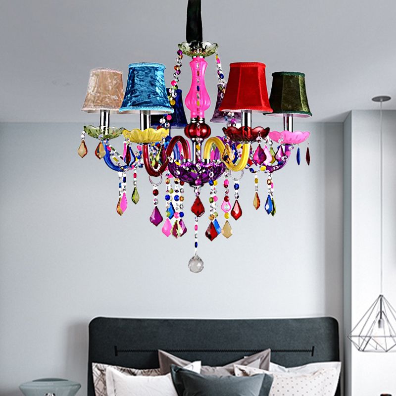 Multi-Colored Glass Chandelier with Crystal Bead 6 Lights Kids Hanging Pendant for Kindergarten