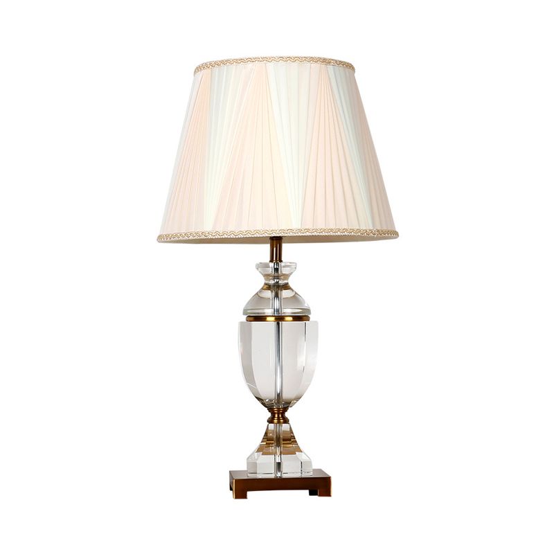 Lampe de nuit en tissu à tête unique, lampe de table de chevet conique blanche de campagne avec Base en cristal