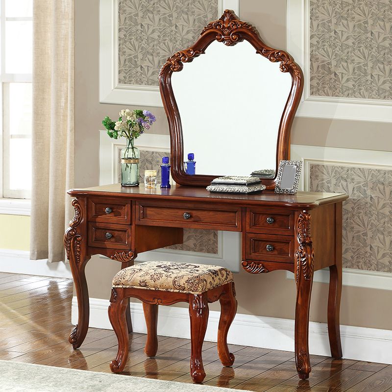 18.89" Wide Brown Vanity Set with Mirror Glass Make-up Vanity with 5 Storage Drawers