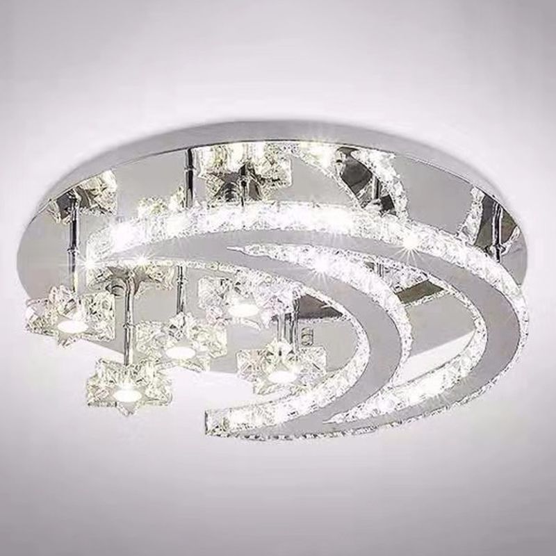 Ringed Shape Semi Flush Mount Modern Style Crystal Flush Ceiling Light in Silver