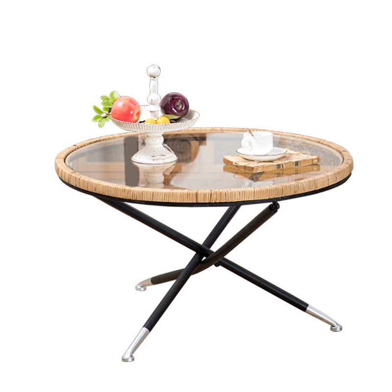 Cross Legs Round Glass Coffee Cocktail Table with Rattan Accent