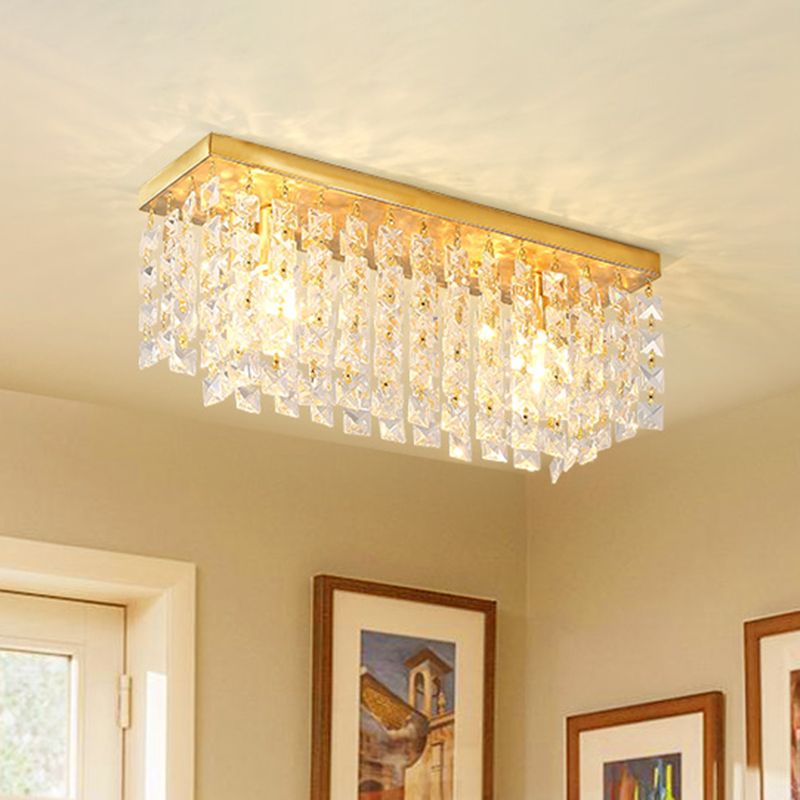 Rectangle Living Room Flush Mount Fixture Clear Crystal 2 Heads Contemporary Flush Ceiling Light in Brass