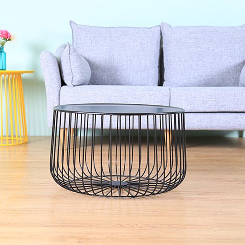 Mid-century Modern Round Iron Coffee Table, Brass/Black Frame Cocktail Table with Storage