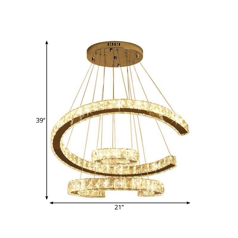 LED 3 Tier C-Shaped Chandelier Light Modern Stainless-Steel Clear Rectangular-Cut Crystals Ceiling Lamp, 21"/23.5" Wide