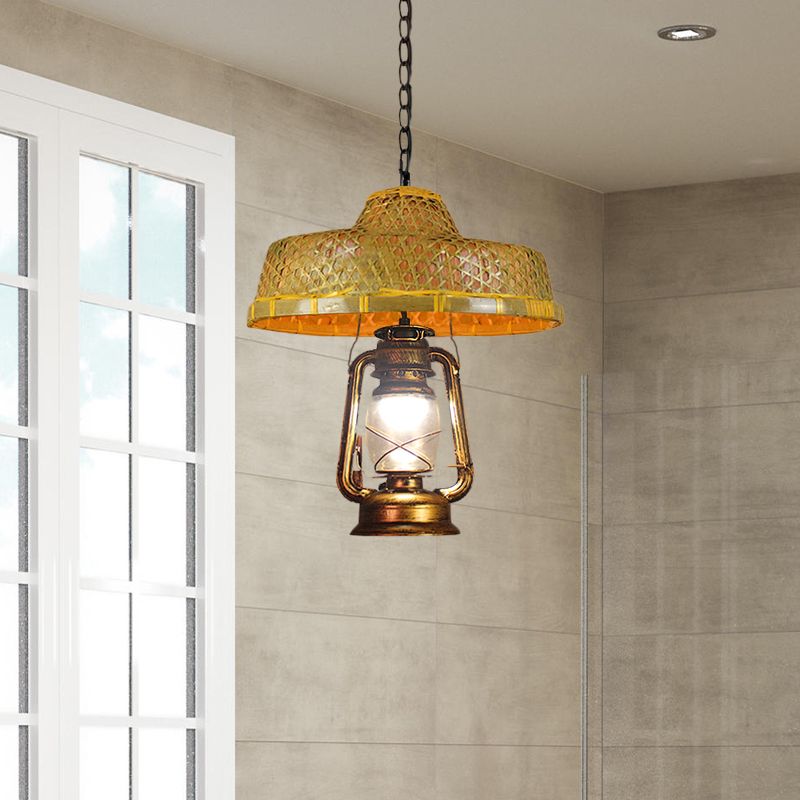 Lámpara colgante en forma de sombrero del sudeste asiático Rattan 15 "/16.5" W 1 cabeza de colgante interior con sombra de linterna en beige