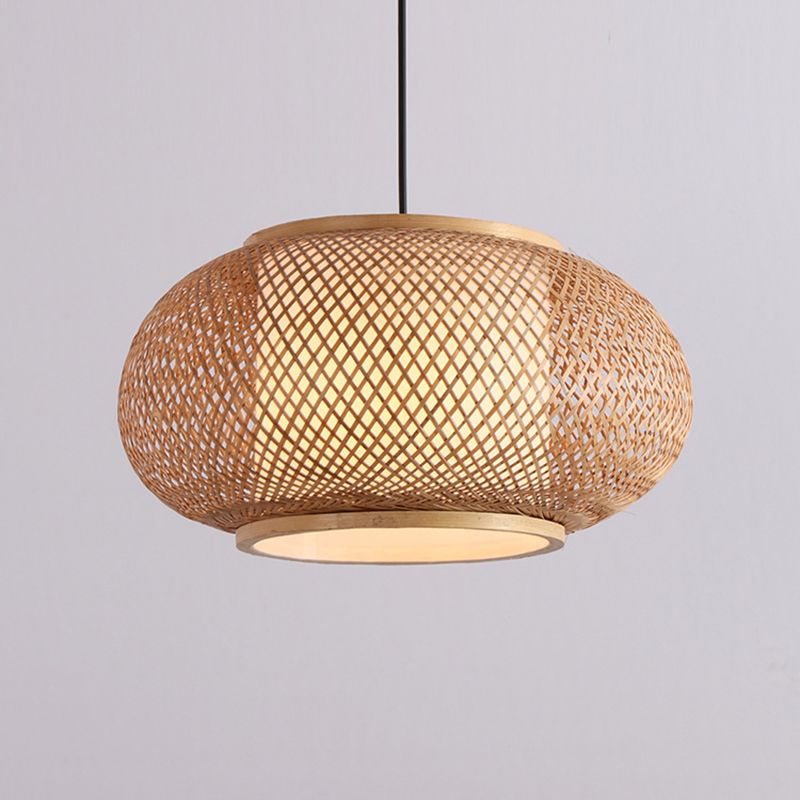 1 Light Rounded Drum Hanging Light Fixture Asia Wicker Ceiling Light with Hanging Cord for Restaurant