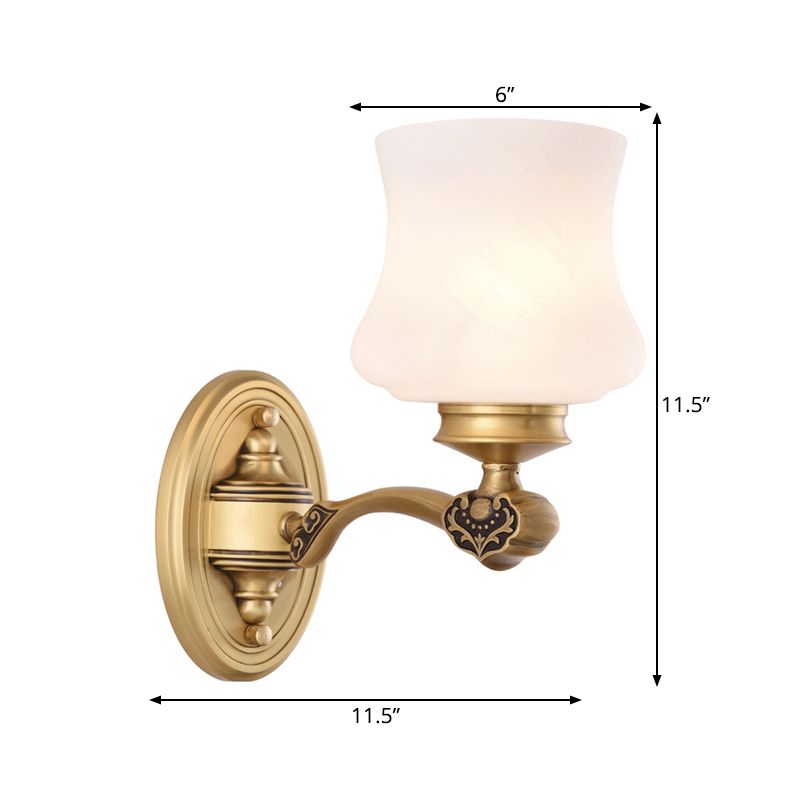 1/2-Head Wall Mount Lighting Vintage Style Bell Shade White Glass Sconce Lamp in Brass for Living Room