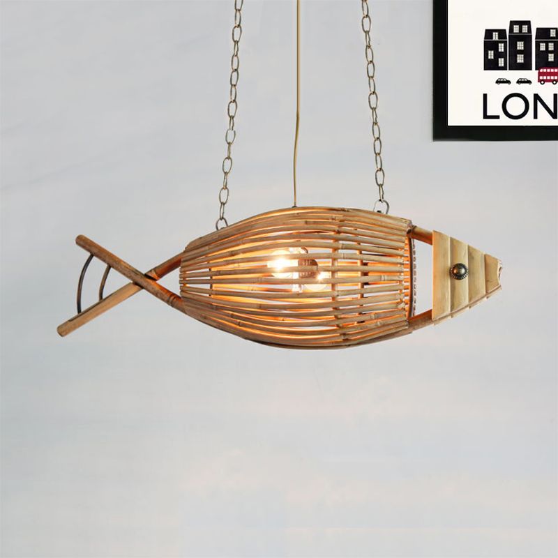 Coastal Style Fish Shaped Chandelier Light Fixture Bamboo 1 Light Bedroom Suspension Lamp in Beige