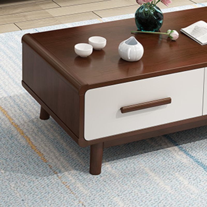 Scandinavian Coffee Table with 2 Drawers and 4 Wooden Legs in Rubberwood