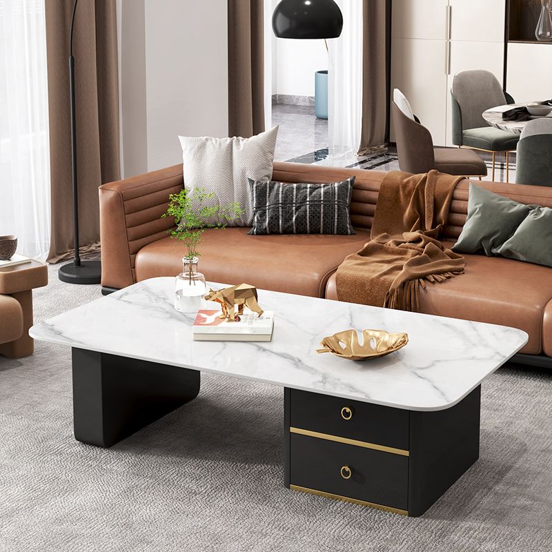 Modern Rectangular Slate Sled Coffee Table with Storage White Cocktail Table