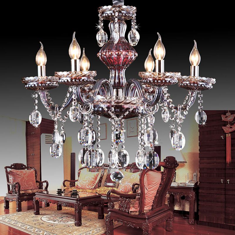6-Light Candle Chandelier Traditional Clear-Red Crystal Hanging Light Fixture for Living Room