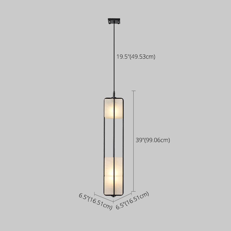 Frosted White Glass Box Pendant Lamp Modern 2-Light Black Island Lighting with Cage