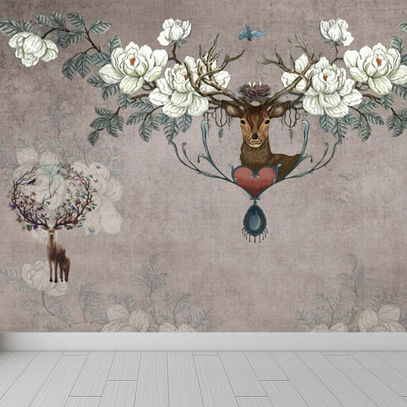 Deer with Flower Antler Mural Wallpaper Grey Modernist Wall Decor for Girls Room