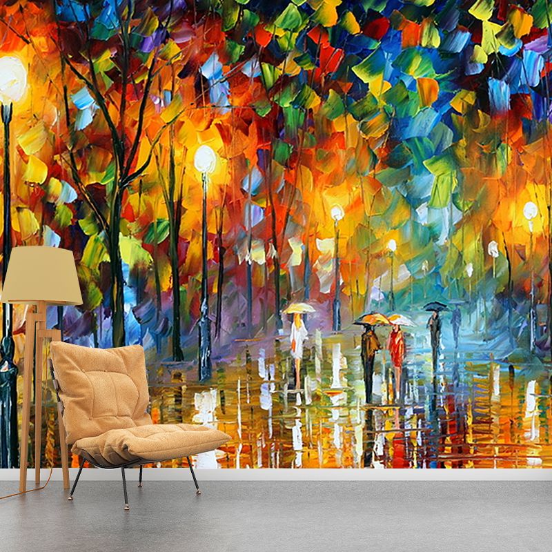 Illustration Street in Fall Murals for Living Room Decoration in Orange-Blue, Customized