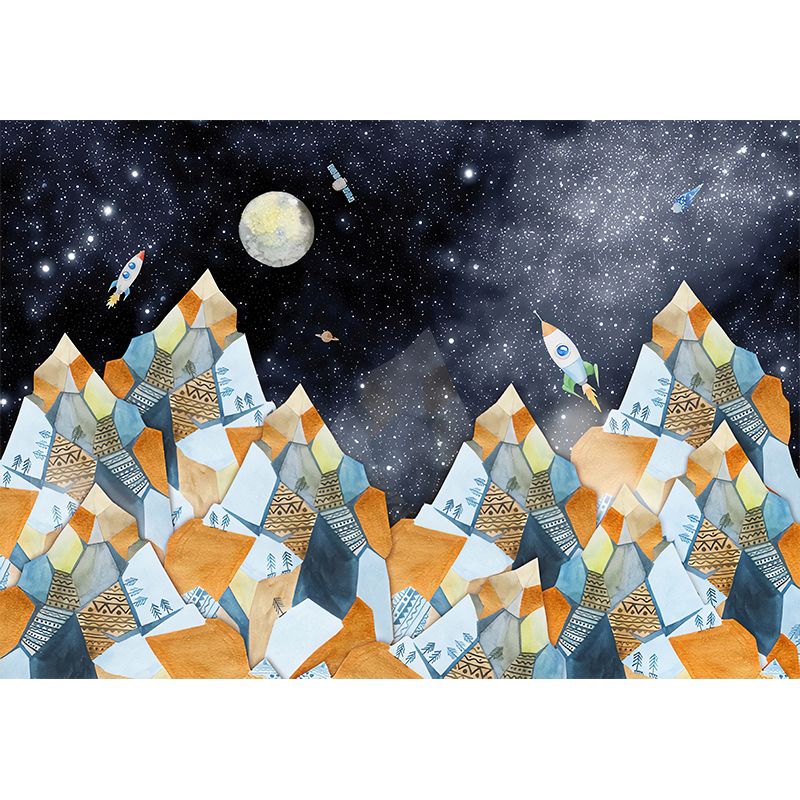 Big Illustration Simple Wall Mural for Children's Bedroom with Mountain and Moon Design in Orange and Blue