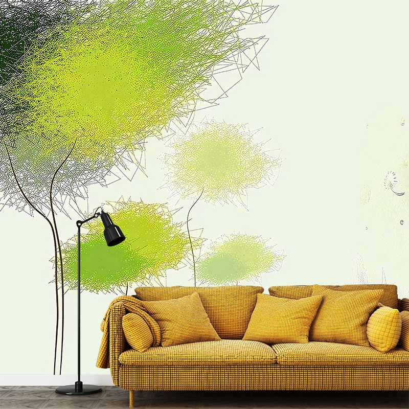 Tree and Dandelion Plant Mural Decal Nordic Style Smooth Wall Art in Green for Living Room