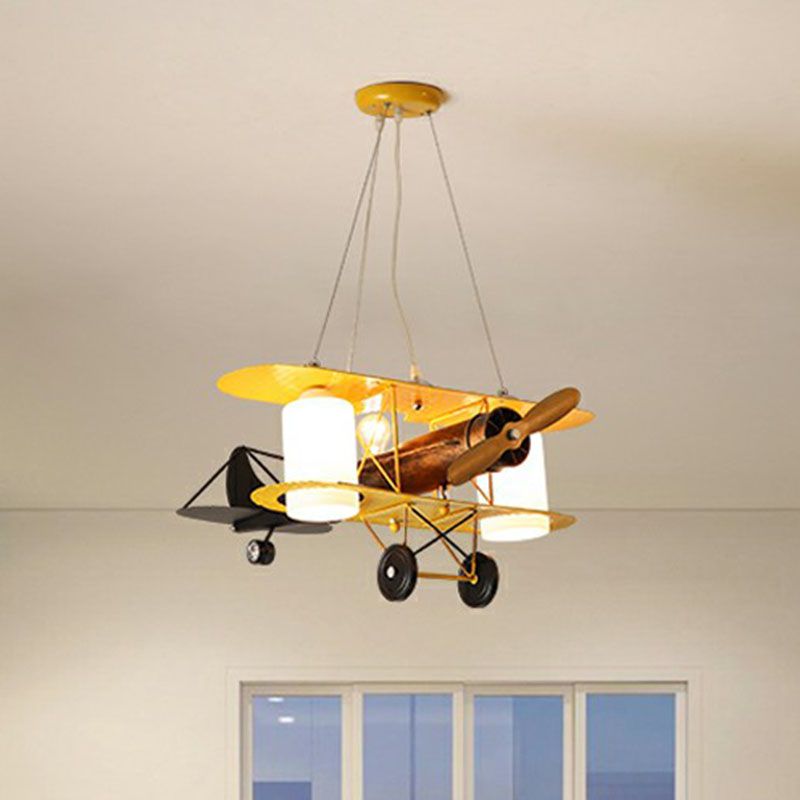 Aircraft Chandelier Pendant Light Cartoon Metallic Yellow LED Ceiling Light with Cylinder Frosted Glass Shade