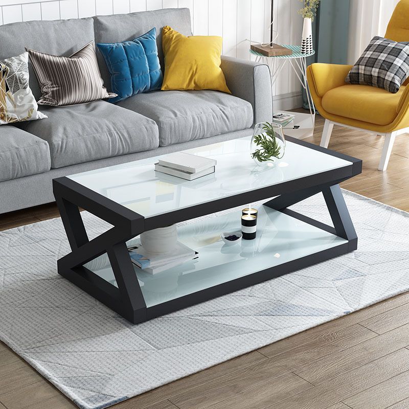 17.7" Tall Modern Trestle Base Glass Rectangular Coffee Table with Shelf