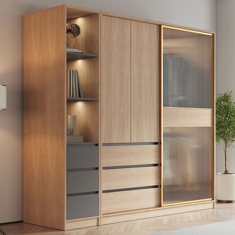 Contemporary Glass Sliding Doors Wardrobe Natural Wood Wardrobe with Drawers