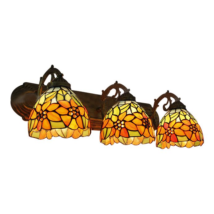 3 Heads Orange Vanity Lighting with Yellow Flower/Sunflower Pattern Lodge Tiffany Stained Glass Wall Lighting for Bathroom