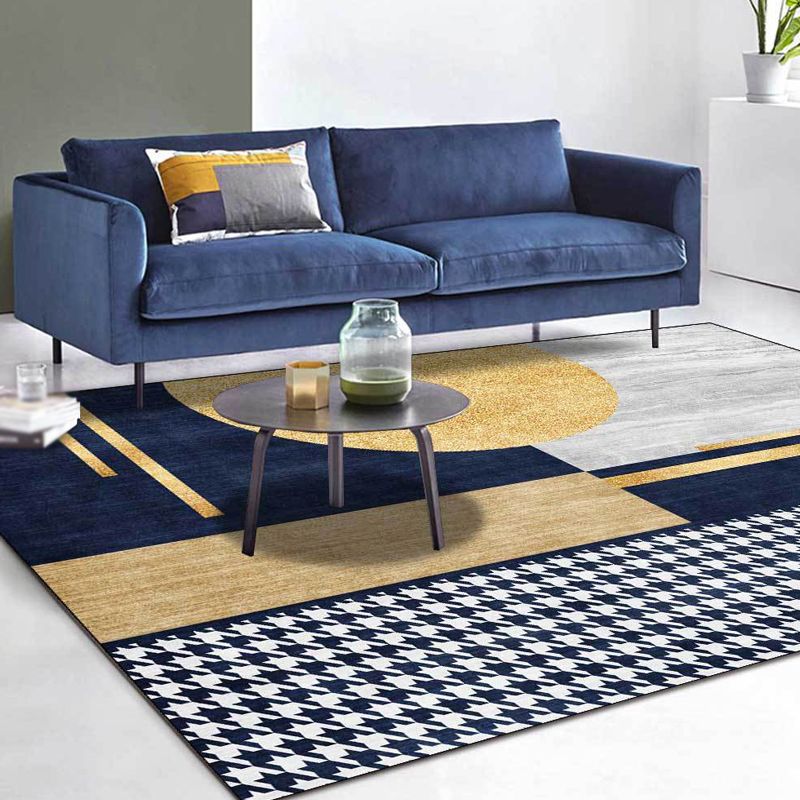 Gold Living Room Rug Modernism Geometric and Houndstooth Pattern Rug Polyester Washable Anti-Slip Backing Pet Friendly Carpet