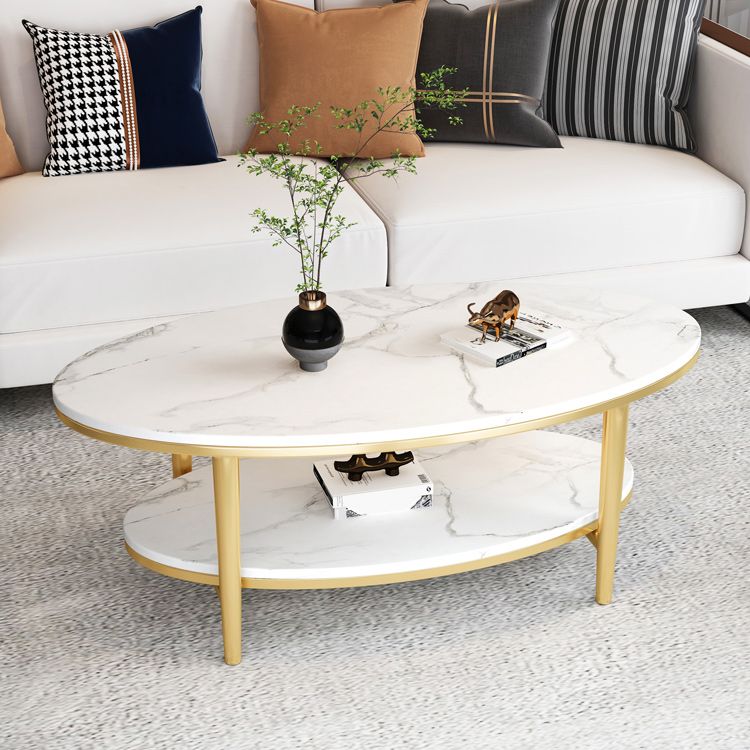 Glam Iron 4 Legs Cocktail Table with Shelf Oval Slate Top Coffee Table
