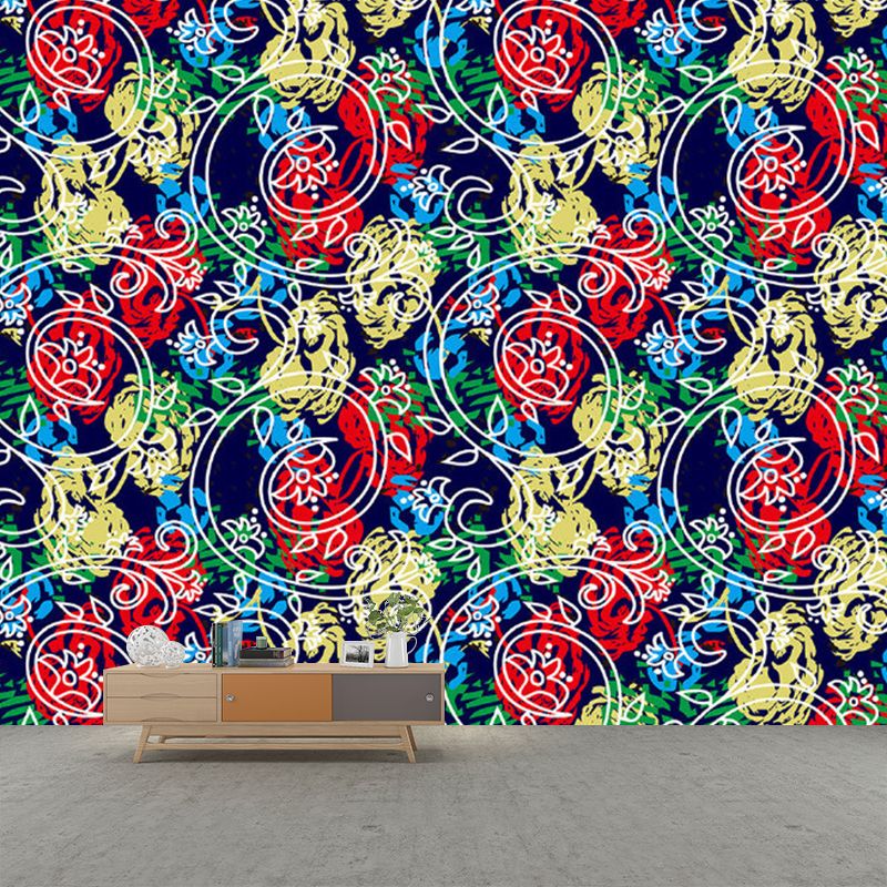 Peonies and Swirl Vine Mural Decal Red-Yellow-Blue Stylish Wall Covering for Bedroom