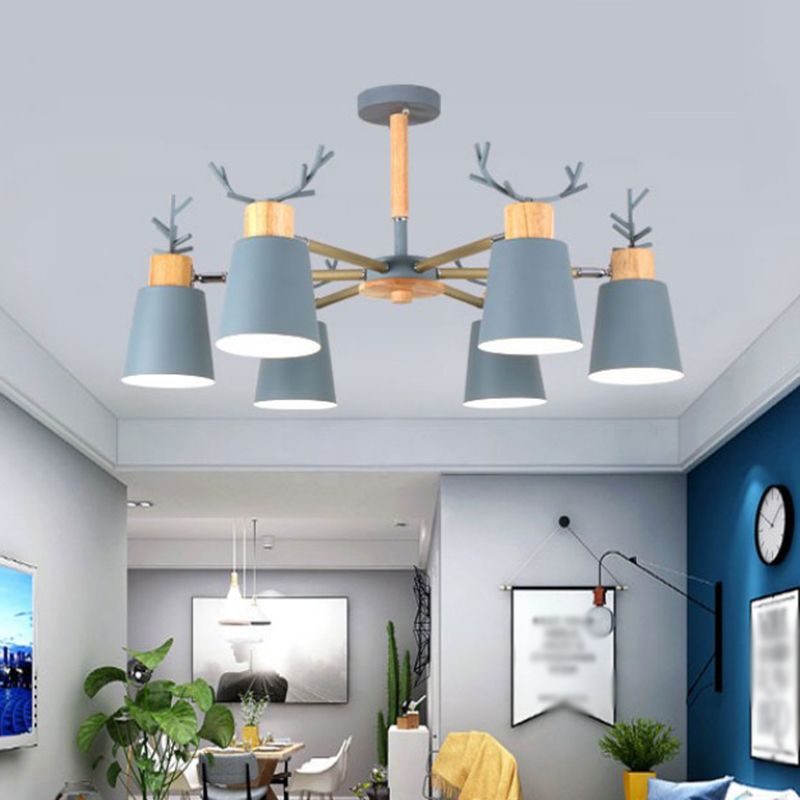 Nordic 6 Bulbs Antler Semi Flush Mount Cone Ceiling Light Fixture with Metal Shade
