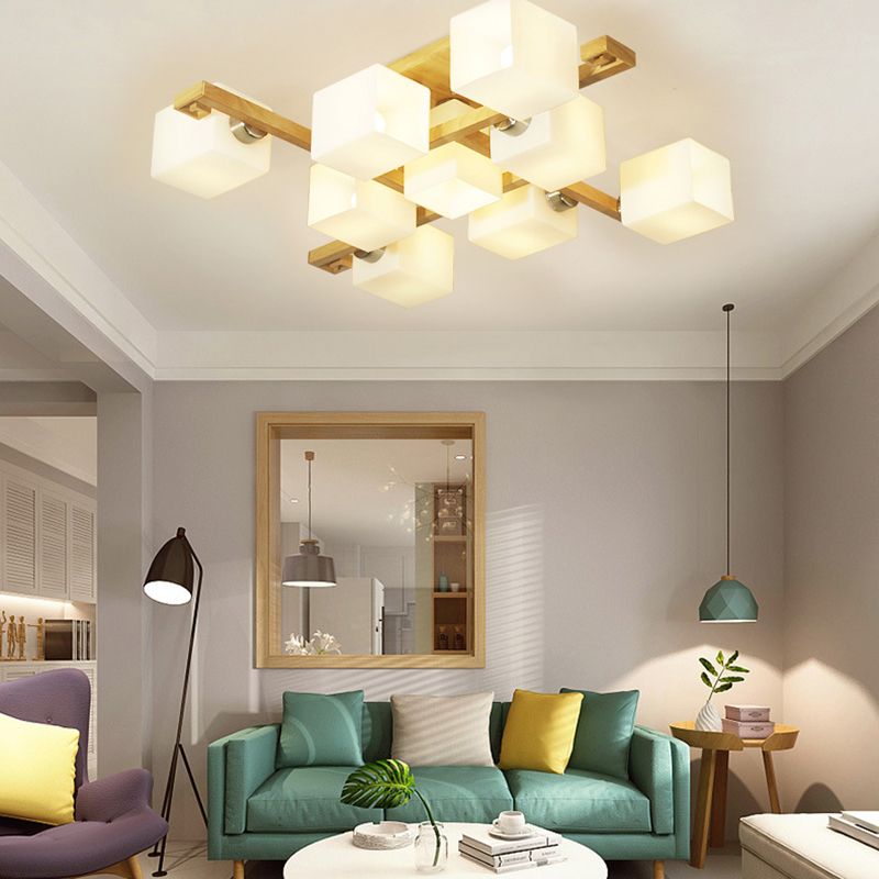 Cube Shade Living Room Ceiling Lamp Opal Glass & Wood Modern LED Flush Ceiling Light in Beige